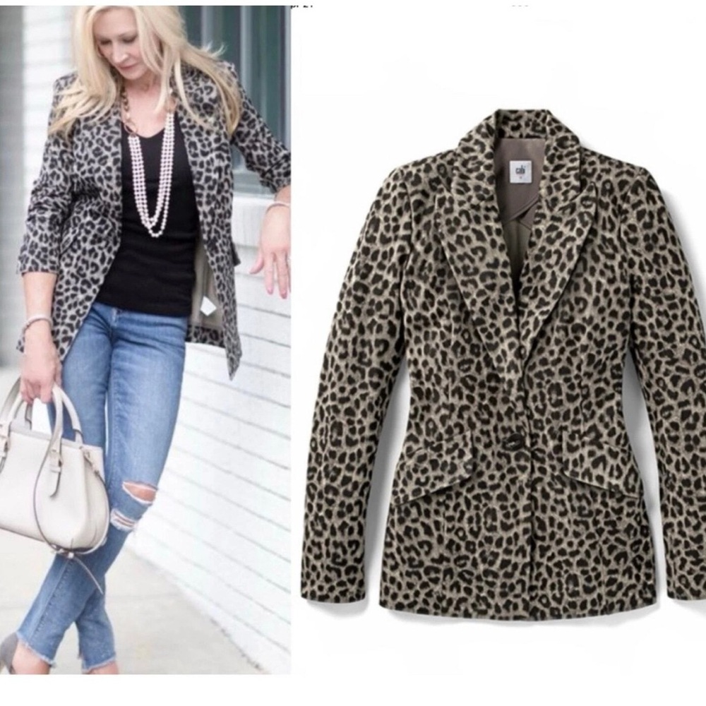 Cabi gray leopard cheetah animal print single breasted blazer stretchy Sz 4 NWOT